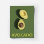 affiche avec deux moities davocat sur un fond vert fonce le texte avocado en bas.webp