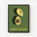 affiche avec deux moities davocat sur un fond vert fonce le texte avocado en bas avec cadre.webp