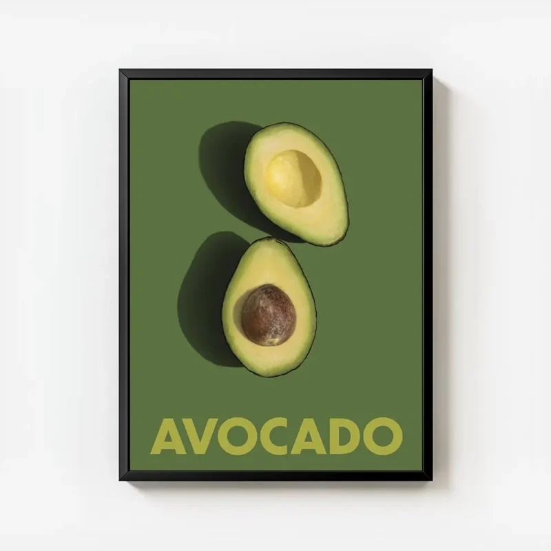 affiche avec deux moities davocat sur un fond vert fonce le texte avocado en bas avec cadre.webp