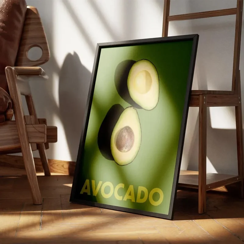 affiche avec deux moities davocat sur un fond vert fonce le texte avocado en bas encadre.webp