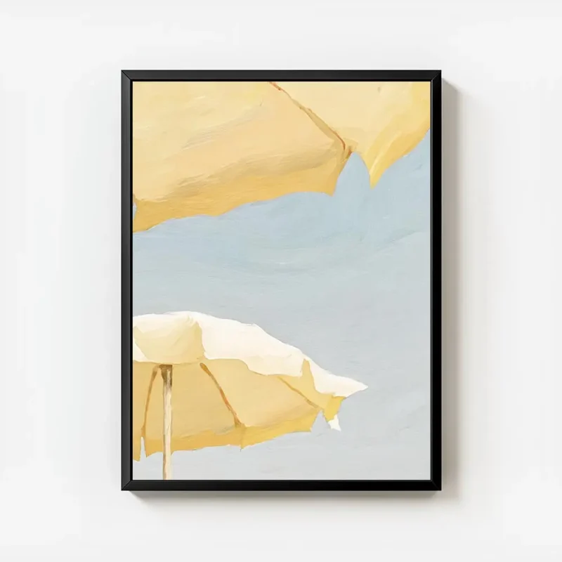 affiche avec deux parasols jaunes textures sur fond de ciel bleu style peinture avec cadre.webp