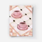 affiche avec deux tasses de cafe roses sur un carrelage blanc beige et rose aux .webp