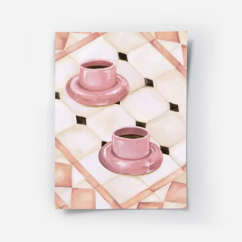 affiche avec deux tasses de cafe roses sur un carrelage blanc beige et rose aux .webp
