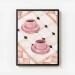 affiche avec deux tasses de cafe roses sur un carrelage blanc beige et rose aux avec cadre.webp