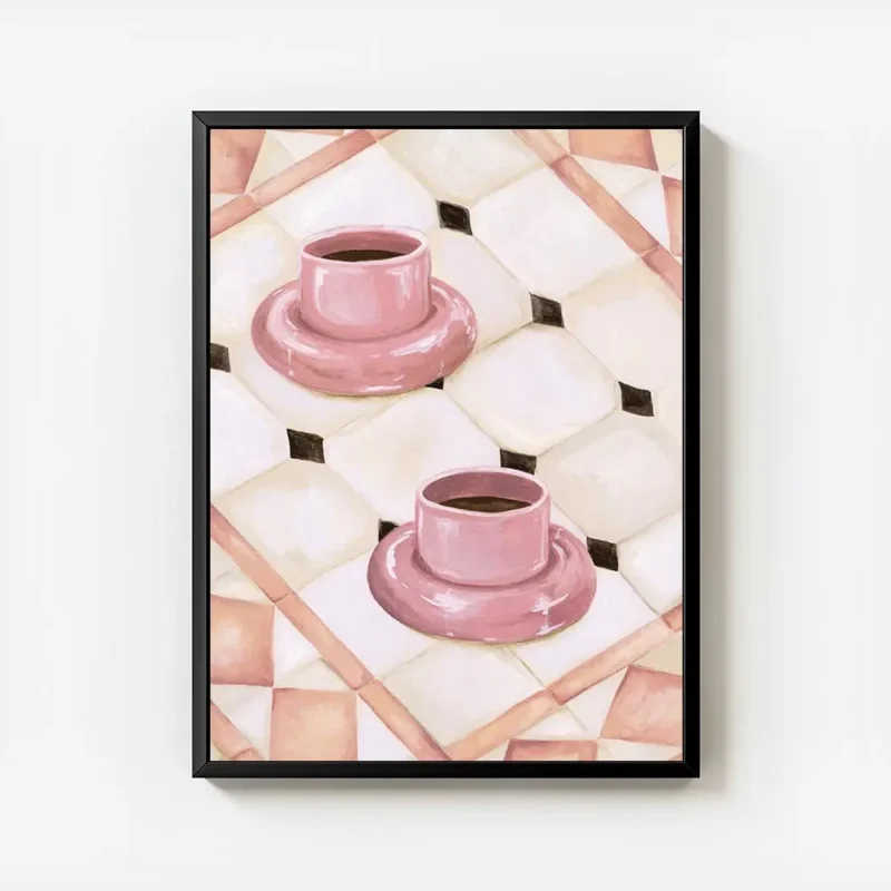 affiche avec deux tasses de cafe roses sur un carrelage blanc beige et rose aux avec cadre.webp