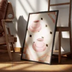 affiche avec deux tasses de cafe roses sur un carrelage blanc beige et rose aux encadre.webp