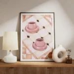 affiche avec deux tasses de cafe roses sur un carrelage blanc beige et rose aux meuble.webp