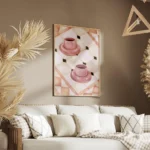 affiche avec deux tasses de cafe roses sur un carrelage blanc beige et rose aux salon.webp