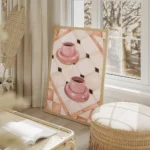 affiche avec deux tasses de cafe roses sur un carrelage blanc beige et rose aux salon beige.webp
