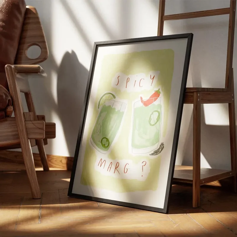 affiche avec deux verres de margarita verte lun orne dune lime lautre dun piment encadre.webp
