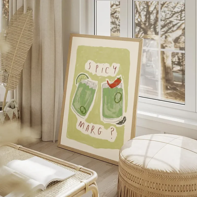 affiche avec deux verres de margarita verte lun orne dune lime lautre dun piment salon beige.webp