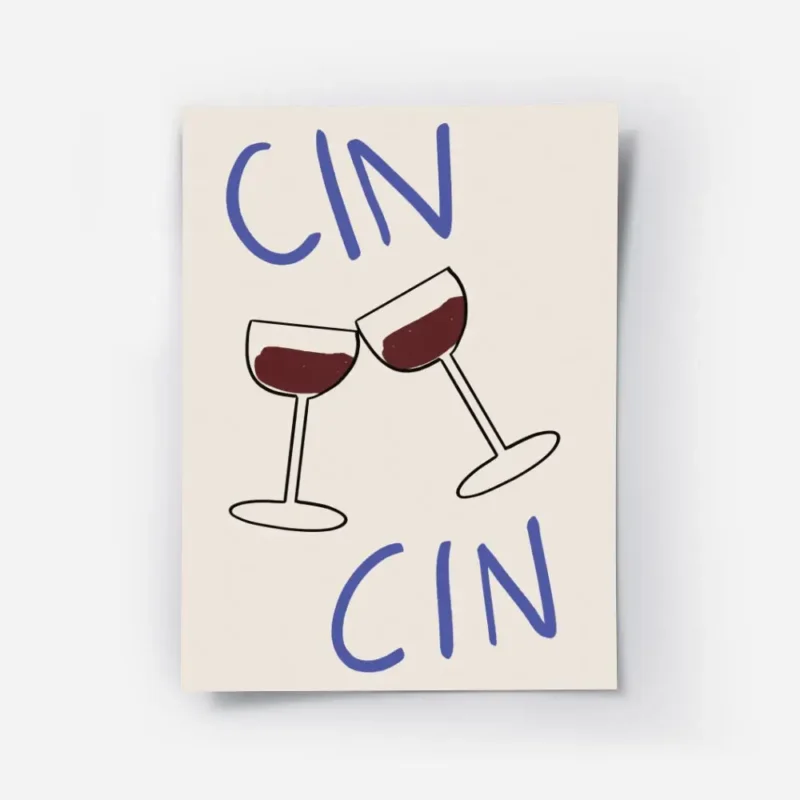 affiche avec deux verres de vin rouge qui trinquent et le texte cin cin en typog.webp