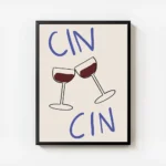 affiche avec deux verres de vin rouge qui trinquent et le texte cin cin en typog avec cadre.webp