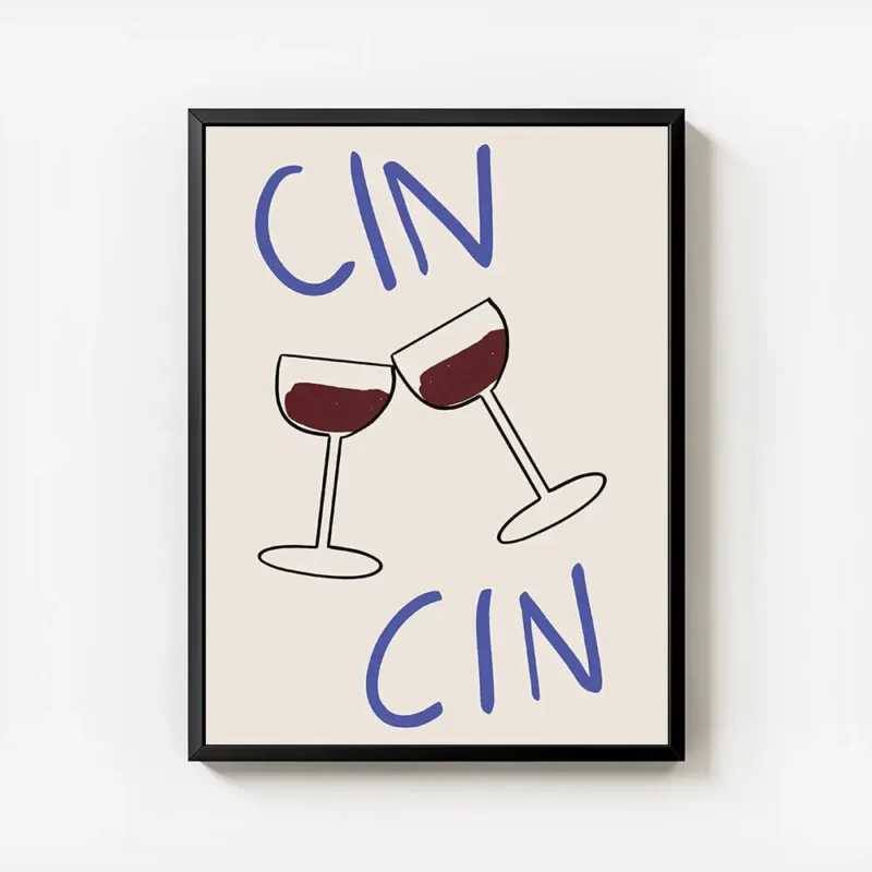 affiche avec deux verres de vin rouge qui trinquent et le texte cin cin en typog avec cadre.webp