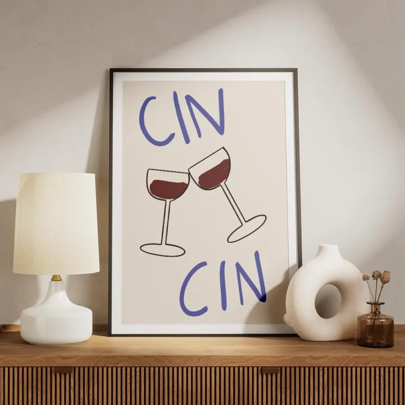 affiche avec deux verres de vin rouge qui trinquent et le texte cin cin en typog meuble.webp