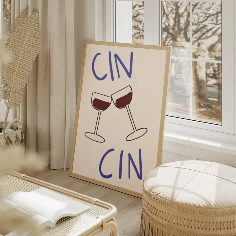affiche avec deux verres de vin rouge qui trinquent et le texte cin cin en typog salon beige.webp