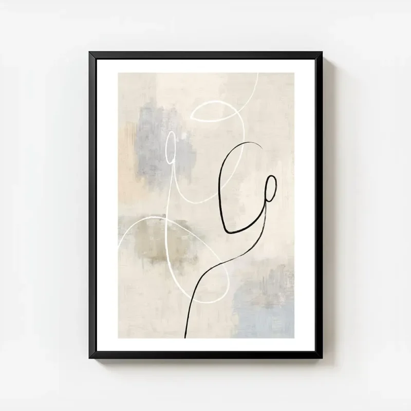 affiche avec deux visages en art lineaire noir et blanc sur fond beige et bleu avec cadre.webp