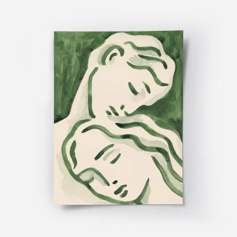 affiche avec deux visages stylises en vert fonce et clair evoquant lamour sur un.webp