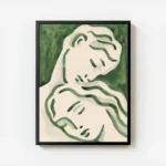 affiche avec deux visages stylises en vert fonce et clair evoquant lamour sur un avec cadre.webp
