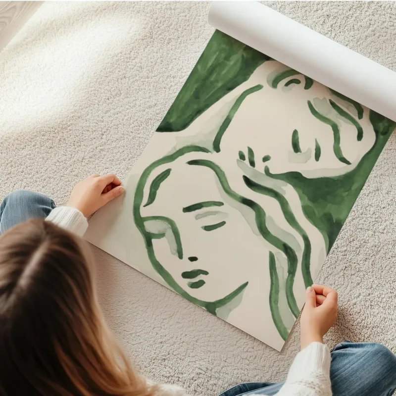 affiche avec deux visages stylises en vert fonce et clair evoquant lamour sur un en rouleau.webp