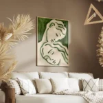 affiche avec deux visages stylises en vert fonce et clair evoquant lamour sur un salon.webp