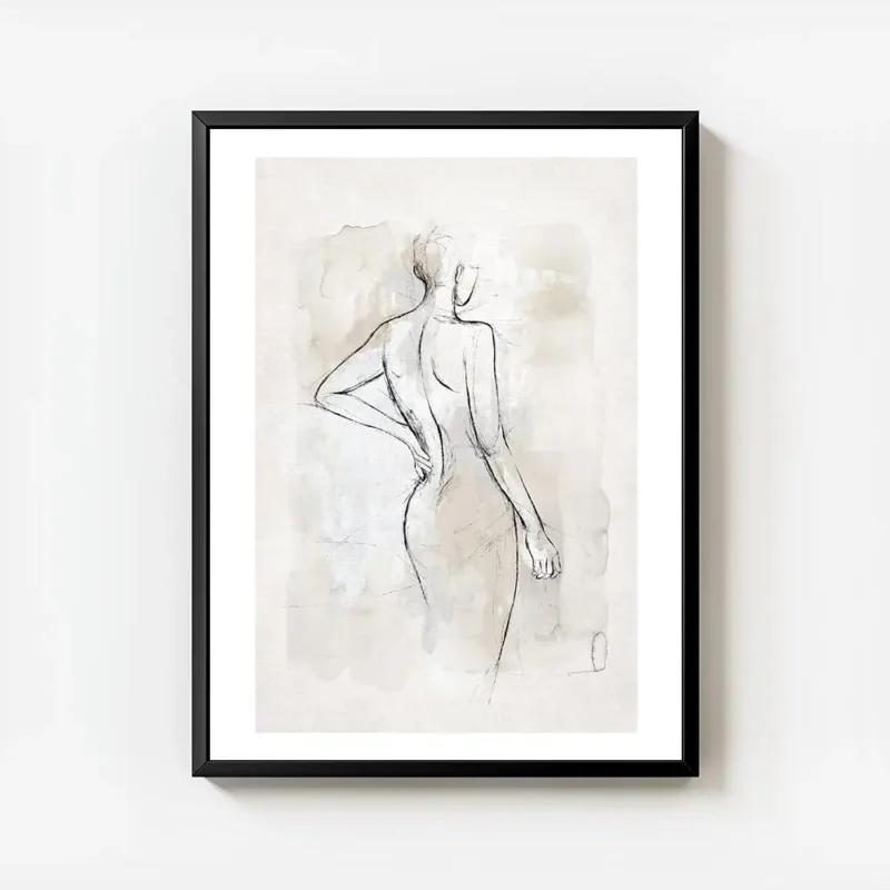 affiche avec esquisse de corps nu en noir sur fond aquarelle beige et gris offra avec cadre.webp