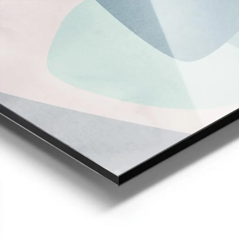 affiche avec formes abstraites aux couleurs pastel bleu vert et rose sur fond cl aluminium.webp