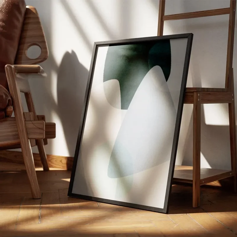 affiche avec formes abstraites aux couleurs pastel bleu vert et rose sur fond cl encadre.webp