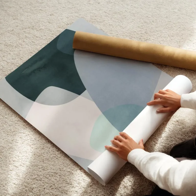 affiche avec formes abstraites aux couleurs pastel bleu vert et rose sur fond cl enroule.webp