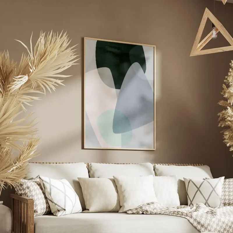 affiche avec formes abstraites aux couleurs pastel bleu vert et rose sur fond cl salon.webp