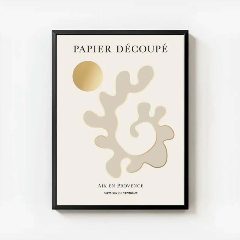 affiche avec formes abstraites beiges et contour dore typographie noire sur fond avec cadre.webp