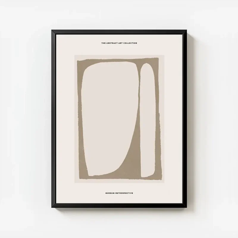 affiche avec formes abstraites beiges et marron sur fond beige typographie noire avec cadre.webp