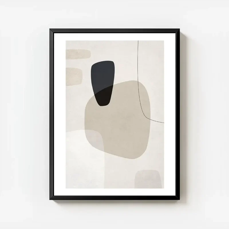 affiche avec formes abstraites en beige blanc et gris fonce sur fond texture ave avec cadre.webp