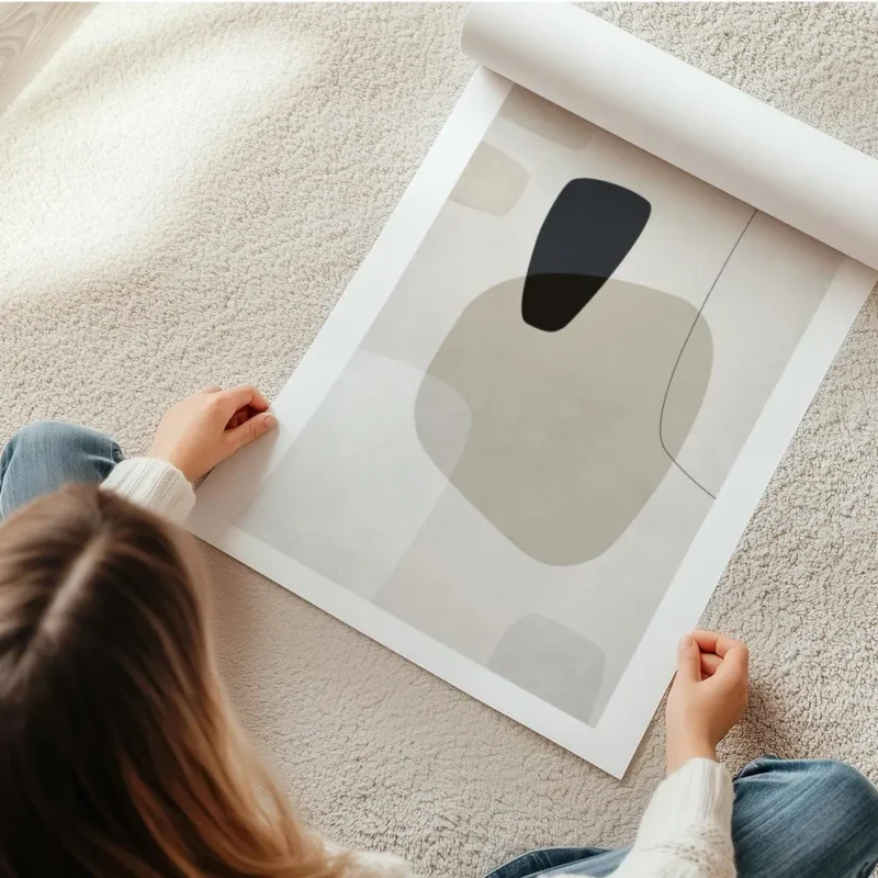 affiche avec formes abstraites en beige blanc et gris fonce sur fond texture ave en rouleau.webp