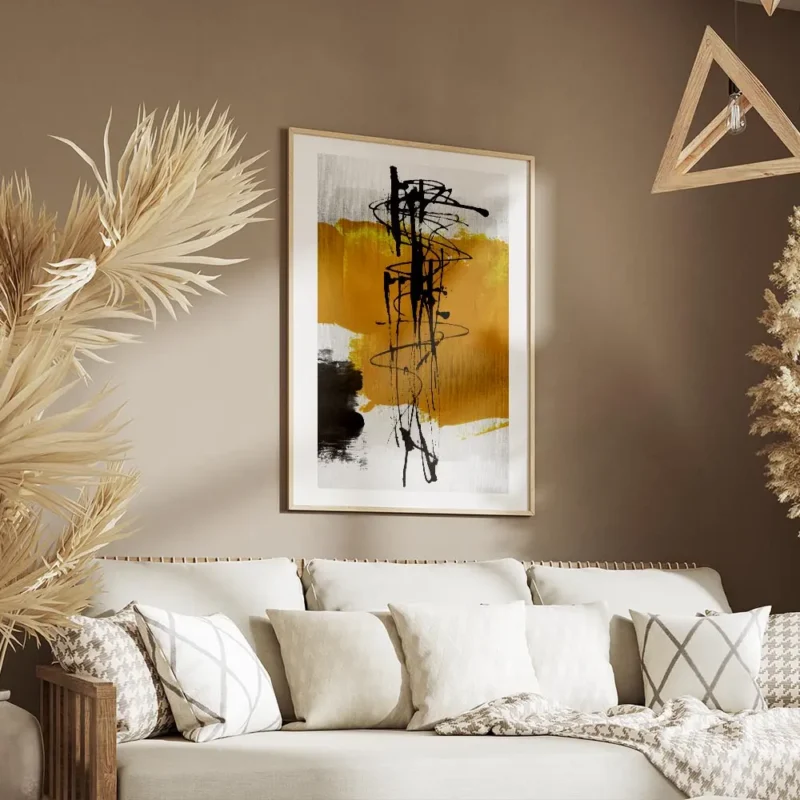 affiche avec formes abstraites en noir et jaune sur fond gris clair texture de t salon.webp