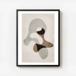 affiche avec formes abstraites grises marron et noires sur fond beige avec un ef avec cadre.webp