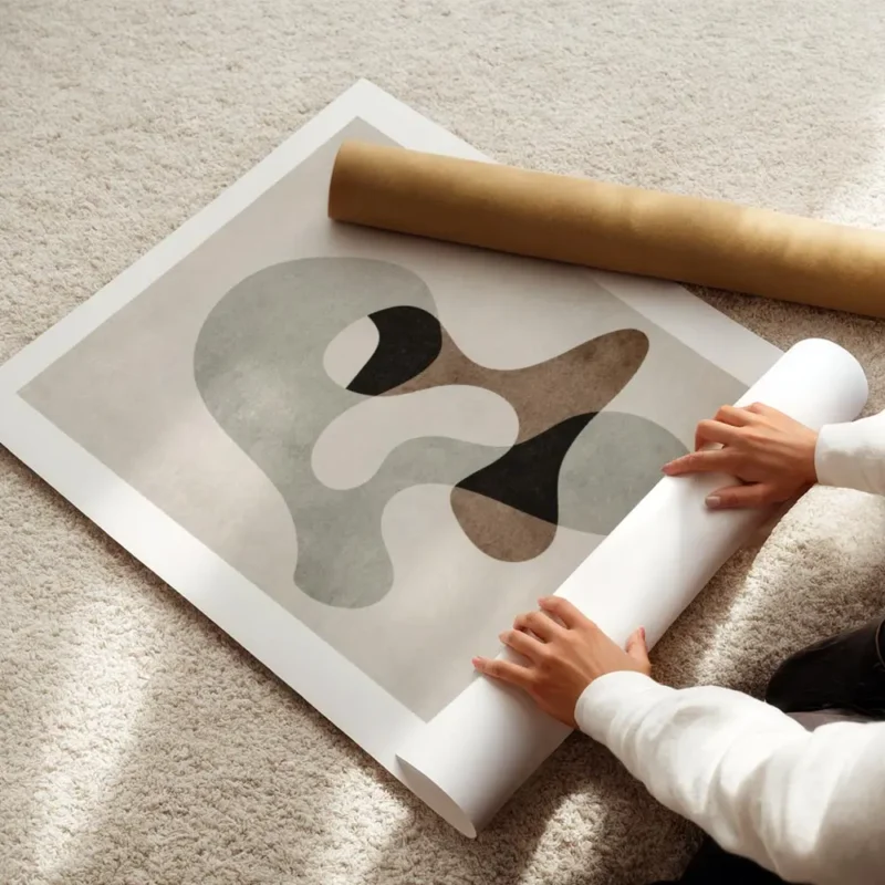 affiche avec formes abstraites grises marron et noires sur fond beige avec un ef enroule.webp