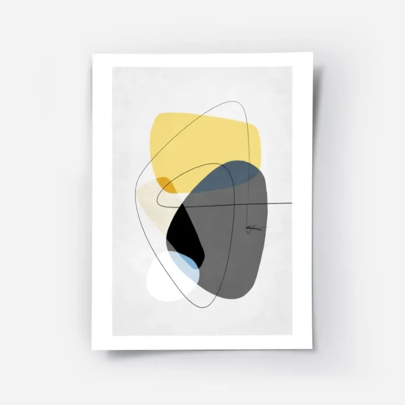 affiche avec formes abstraites jaunes et grises tourbillon noir et lignes fines .webp