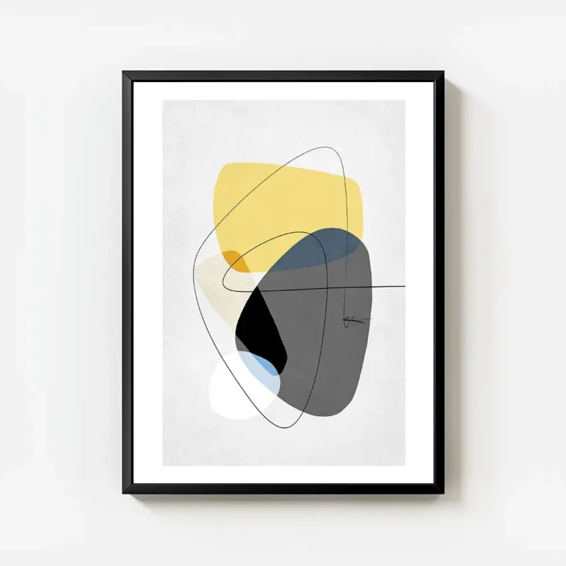 affiche avec formes abstraites jaunes et grises tourbillon noir et lignes fines avec cadre.webp