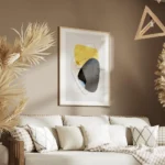 affiche avec formes abstraites jaunes et grises tourbillon noir et lignes fines salon.webp