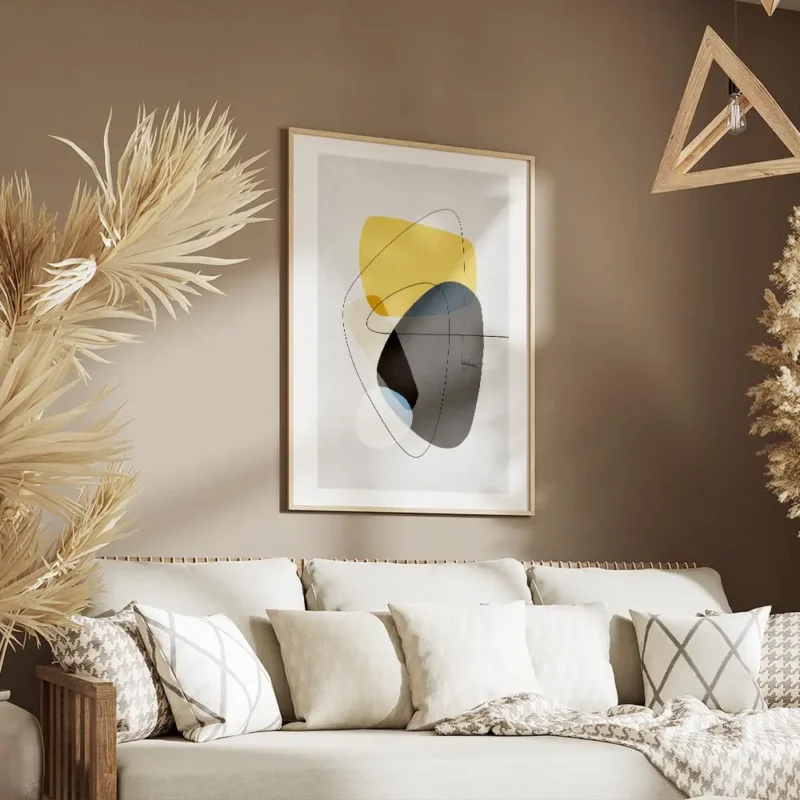 affiche avec formes abstraites jaunes et grises tourbillon noir et lignes fines salon.webp