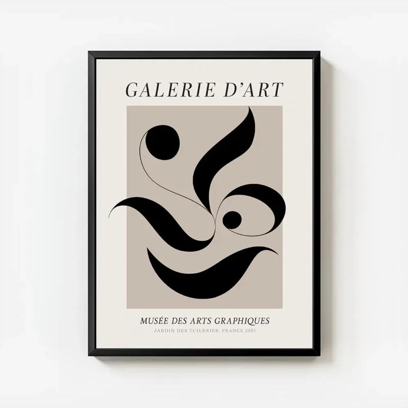 affiche avec formes abstraites noires dans un carre beige sur fond clair avec te avec cadre.webp