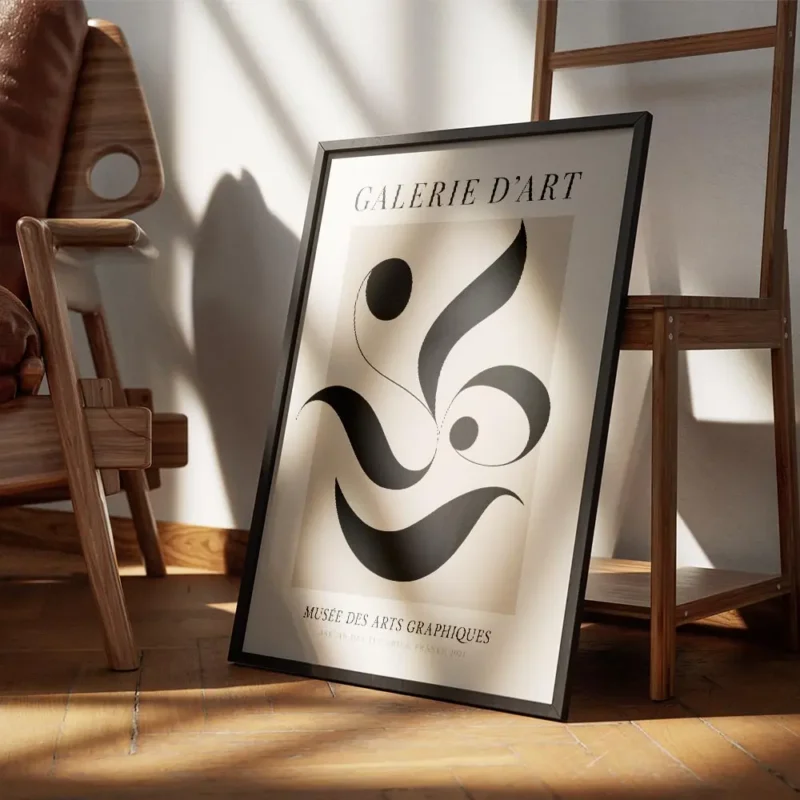 affiche avec formes abstraites noires dans un carre beige sur fond clair avec te encadre.webp