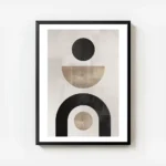 affiche avec formes abstraites noires et beiges sur fond gris beige typographie avec cadre.webp