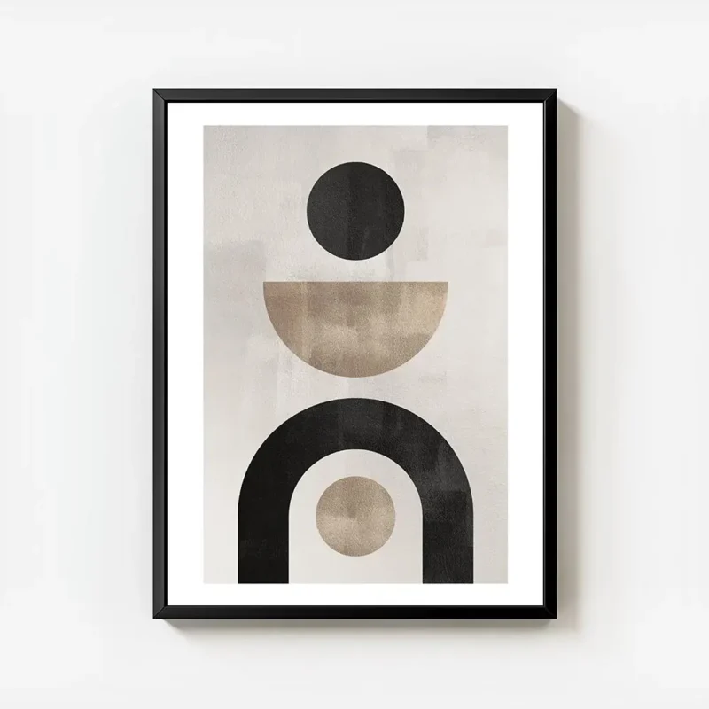affiche avec formes abstraites noires et beiges sur fond gris beige typographie avec cadre.webp