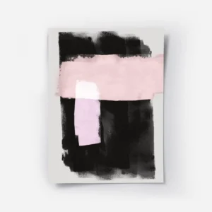 affiche avec formes abstraites noires et roses peintes a laquarelle sur fond gri.webp