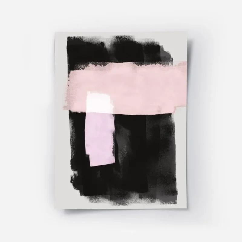 affiche avec formes abstraites noires et roses peintes a laquarelle sur fond gri.webp