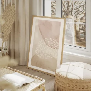 affiche avec formes abstraites roses et beiges une forme ovale texturee de point salon beige.webp