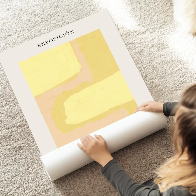 affiche avec formes abstraites roses et jaunes sur fond clair avec du texte en t au sol.webp