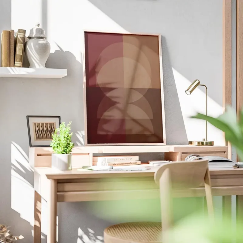 affiche avec formes geometriques abstraites superposees et texturees aux couleur bureau.webp